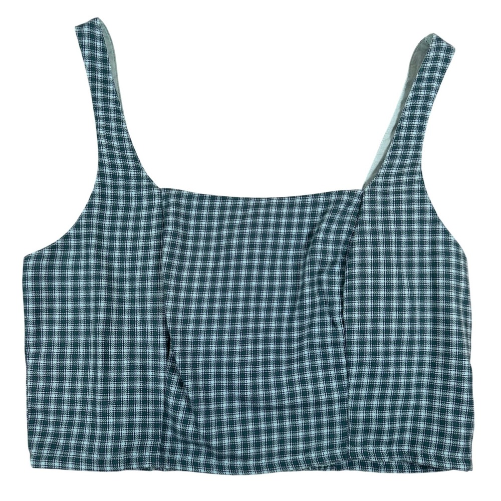 American Eagle Square Neck Gingham Smocked Crop Top tank blur plaid cami cottage